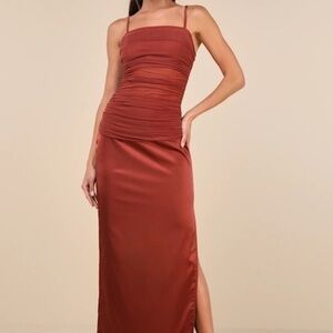 Lulus Perfected Essence Rust Brown Satin Mesh Ruched Maxi Dress